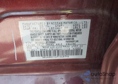 2021 Nissan Sentra Sv Xtronic Cvt z USA, uszkodzony, nr VIN 3N1AB8CV1MY268946